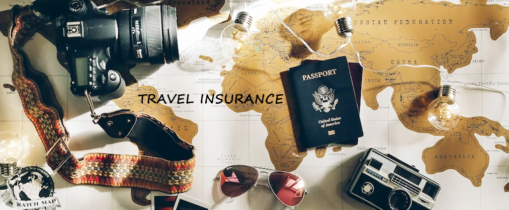 Passport, camera, and travel gear on a map – visitor travel insurance Canada